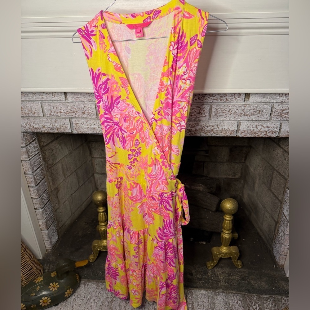 Lilly Pulitzer Folly Wrap Dress XL Calla Yellow Floral Coral Sleeveless Resort